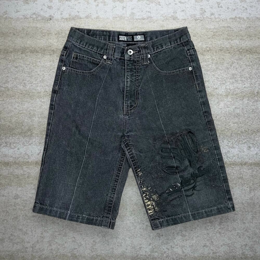 Vintage Y2K Southpole Skater Jean Shorts Youth 16 Baggy Wide Leg Black Wash - Picture 2 of 5